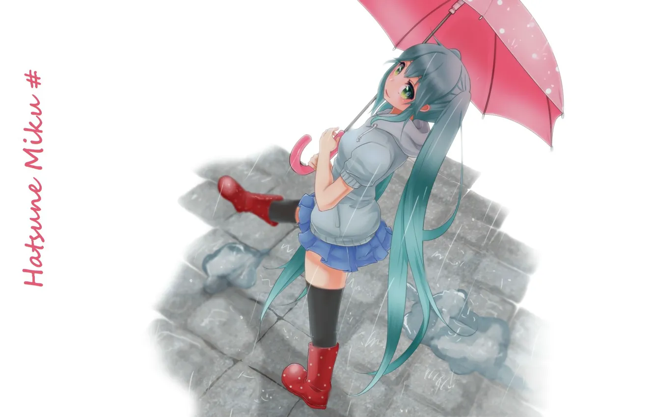 Фото обои дождь, белый фон, vocaloid, Hatsune Miku, длинные волосы, вокалоид, гуляет, красный зонт