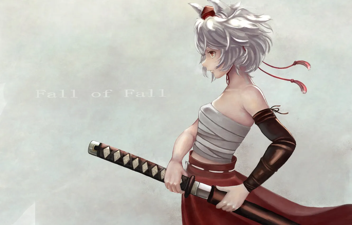 Фото обои девушка, оружие, меч, ушки, touhou, art, бинты, inubashiri momiji
