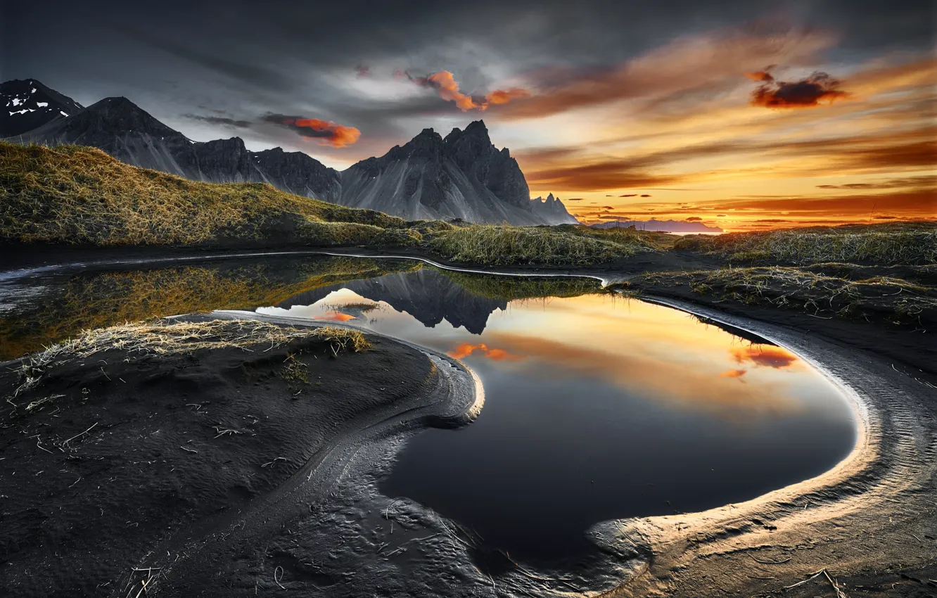 Фото обои вода, пейзаж, горы, природа, отражение, рассвет, утро, Исландия