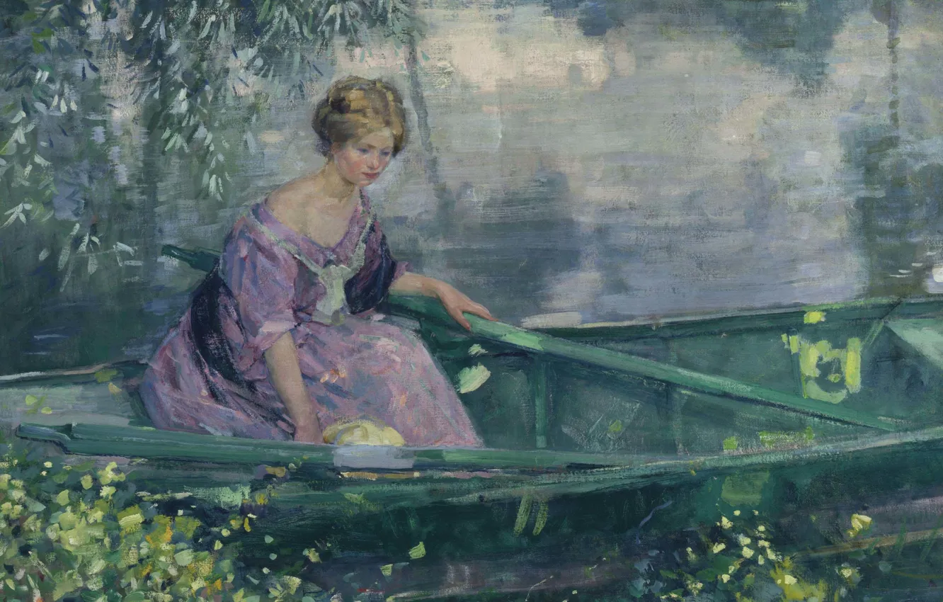 Фото обои 1912, Молодая девушка в лодке, American painter, американский художник, oil on canvas, Karl Albert Buehr, …