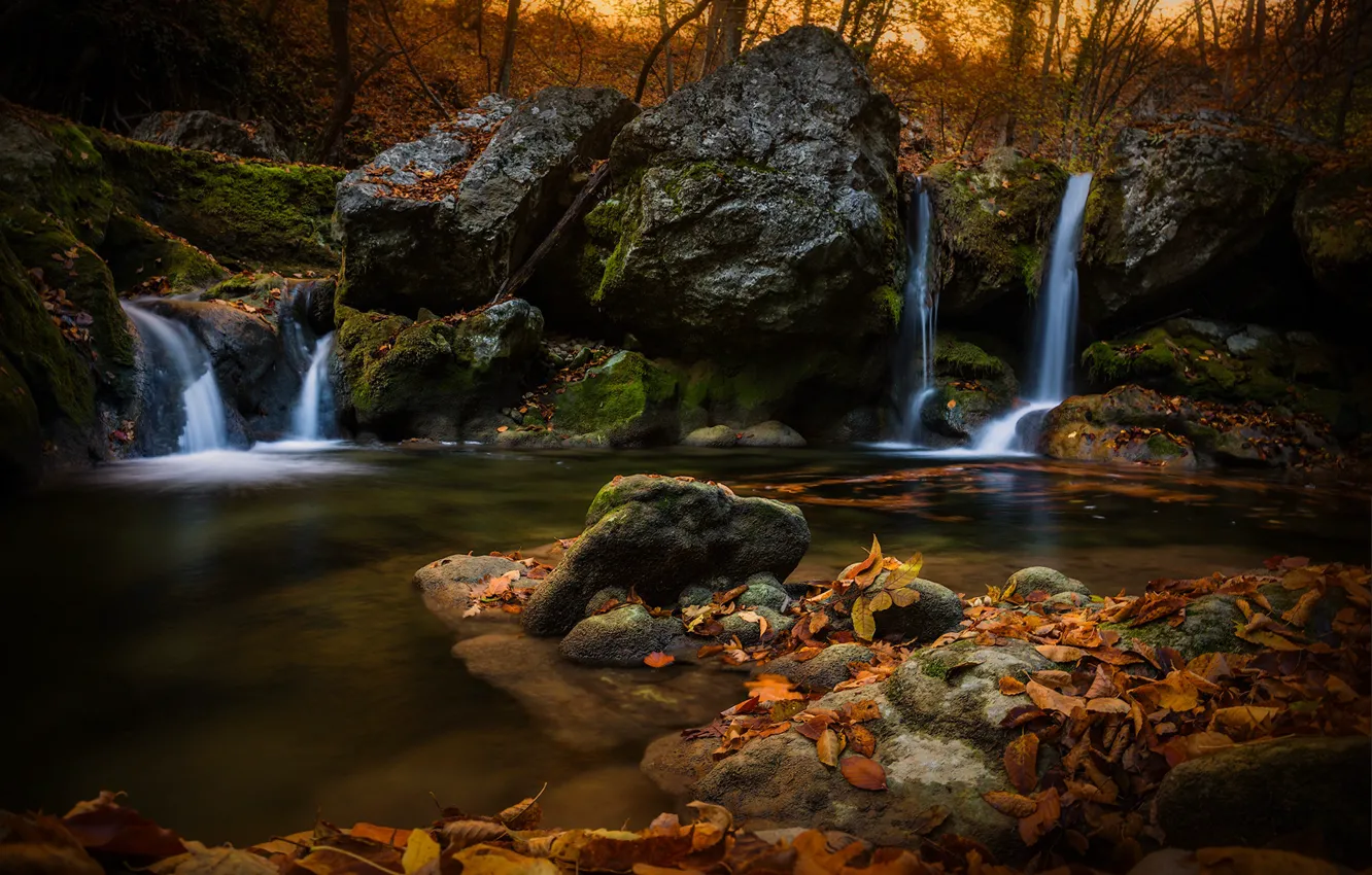 Фото обои осень, лес, листья, пейзаж, природа, камни, водопад, Крым