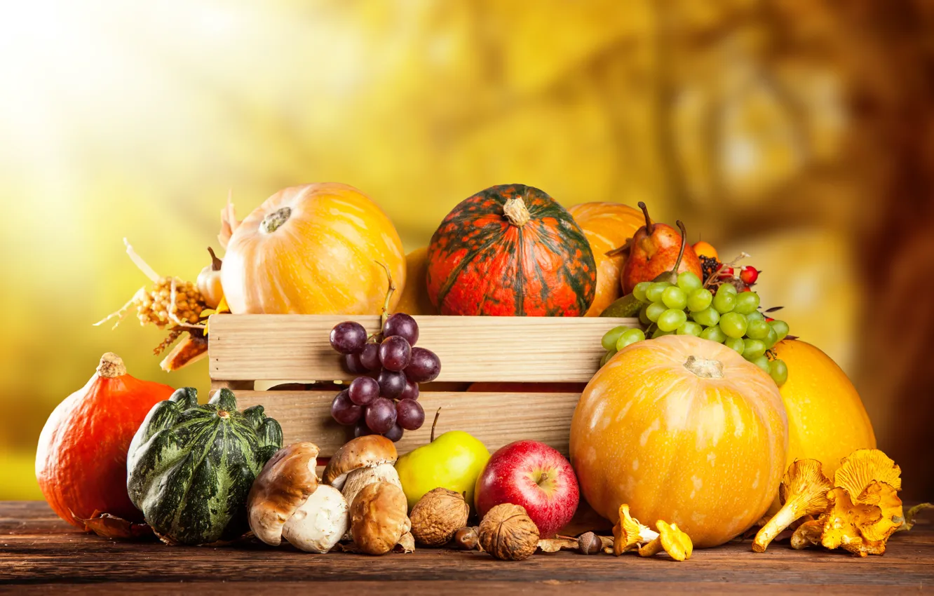 Фото обои осень, яблоки, грибы, урожай, виноград, тыквы, фрукты, орехи