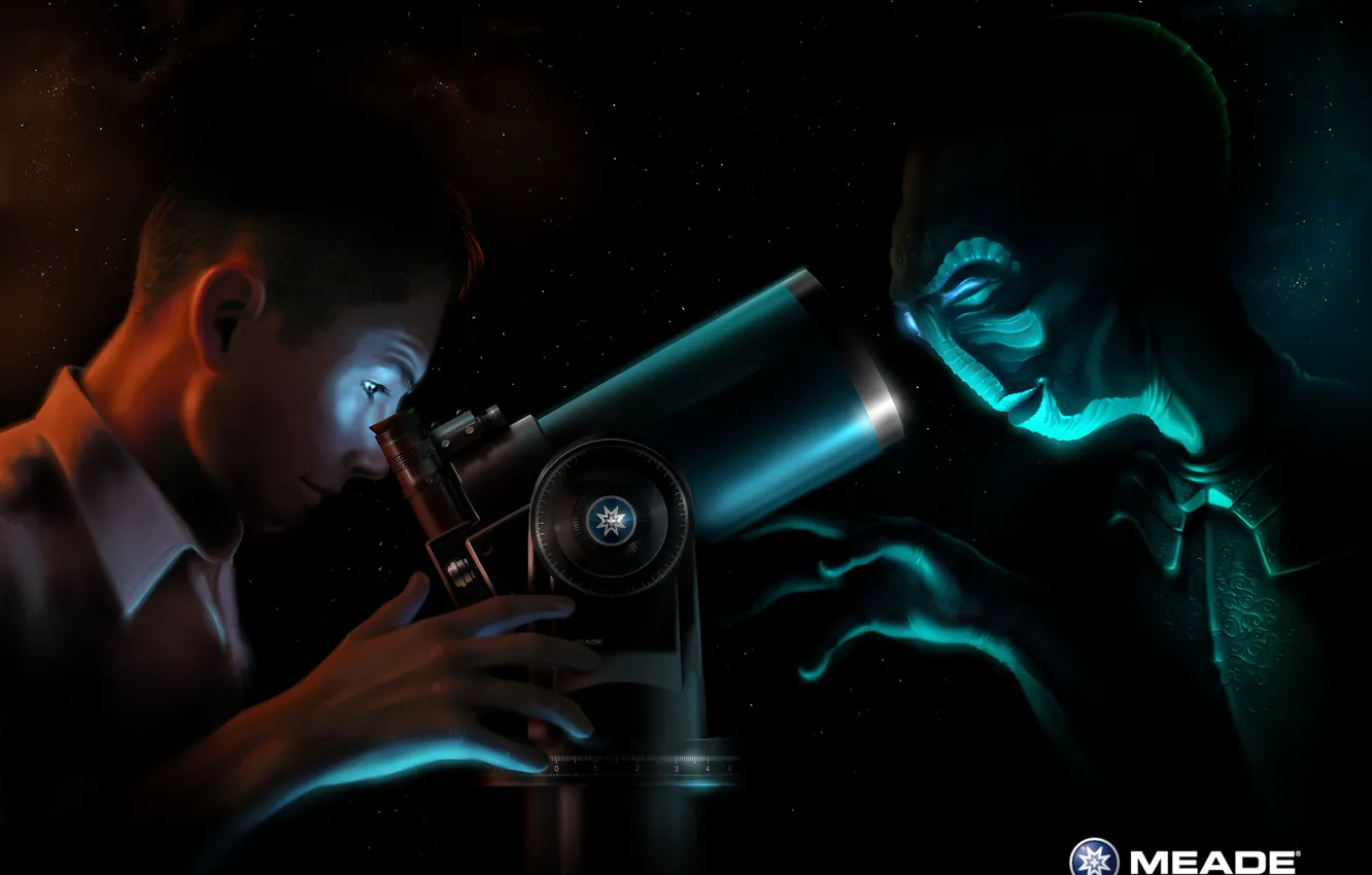 Фото обои инопланетянин, парень, телескоп