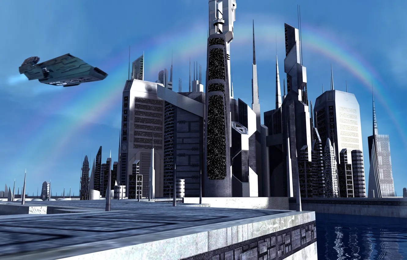 Фото обои небо, вода, космос, город, камни, планета, радуга, rainbow atlantis