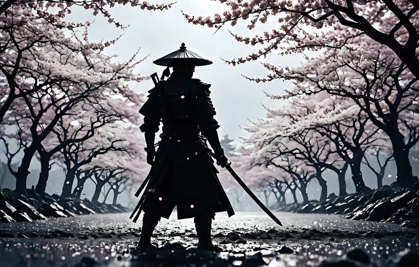 Фото обои sword, trees, flowers, cherry blossom, samurai, branch, standing, looking away