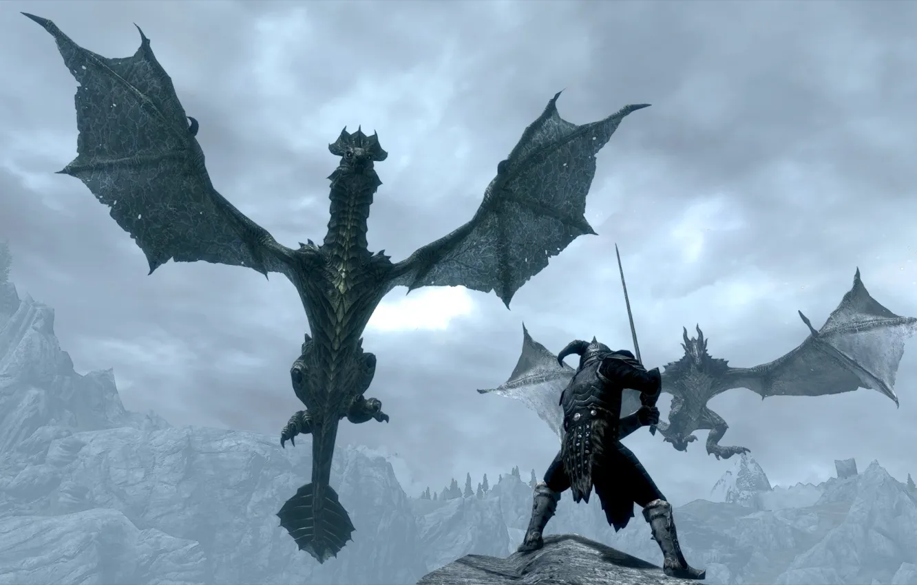 Фото обои скала, драконы, меч, воин, шлем, Skyrim, The Elder Scrolls V