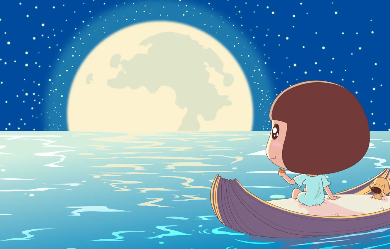 Фото обои ночь, река, луна, лодка, звёзды, арт, девочка, собачка