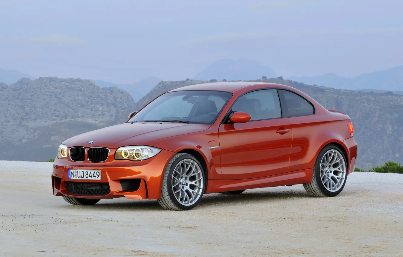 Фото обои BMW, Колеса, Машина, Бумер, Оранжевый, Капот, 1 series, Вид сбоку