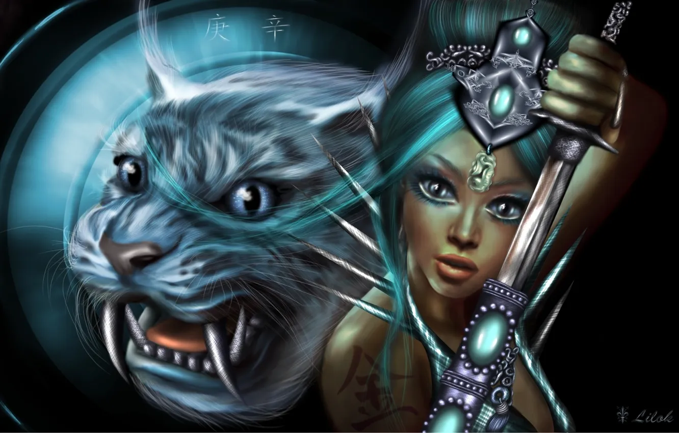 Фото обои девушка, украшения, оружие, фантастика, животное, воин, тату, арт