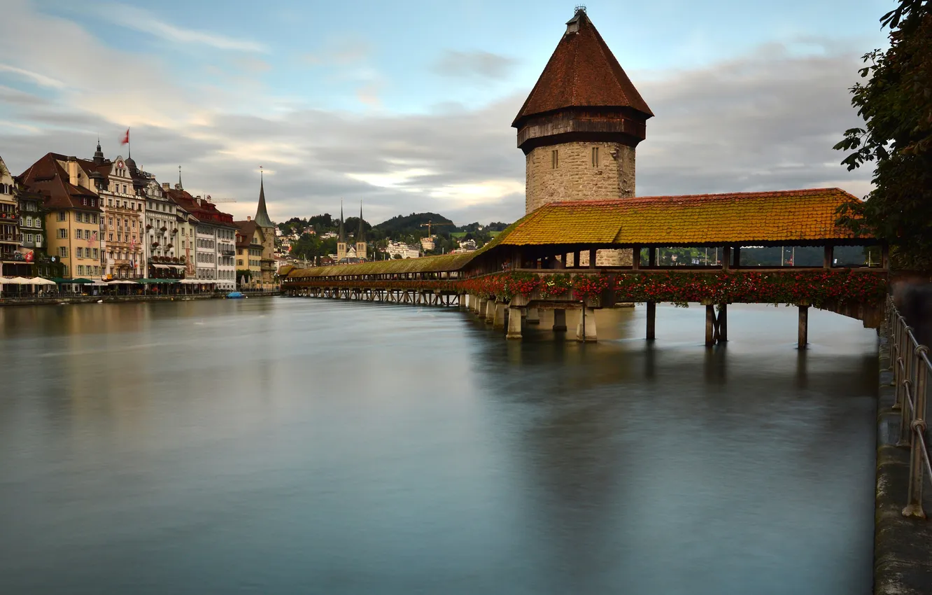 Фото обои дома, Швейцария, Люцерн, мост Капельбрюкке, башня Вассертурм