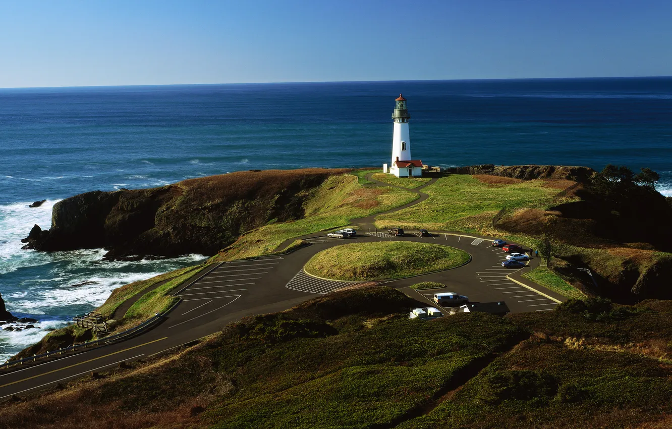 Фото обои дорога, море, берег, маяк, Орегон, панорама, Северная Америка