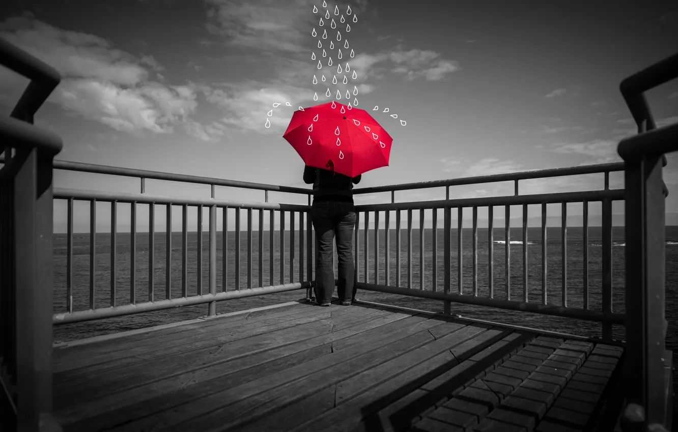 Фото обои sea, drops, pier, red umbrella