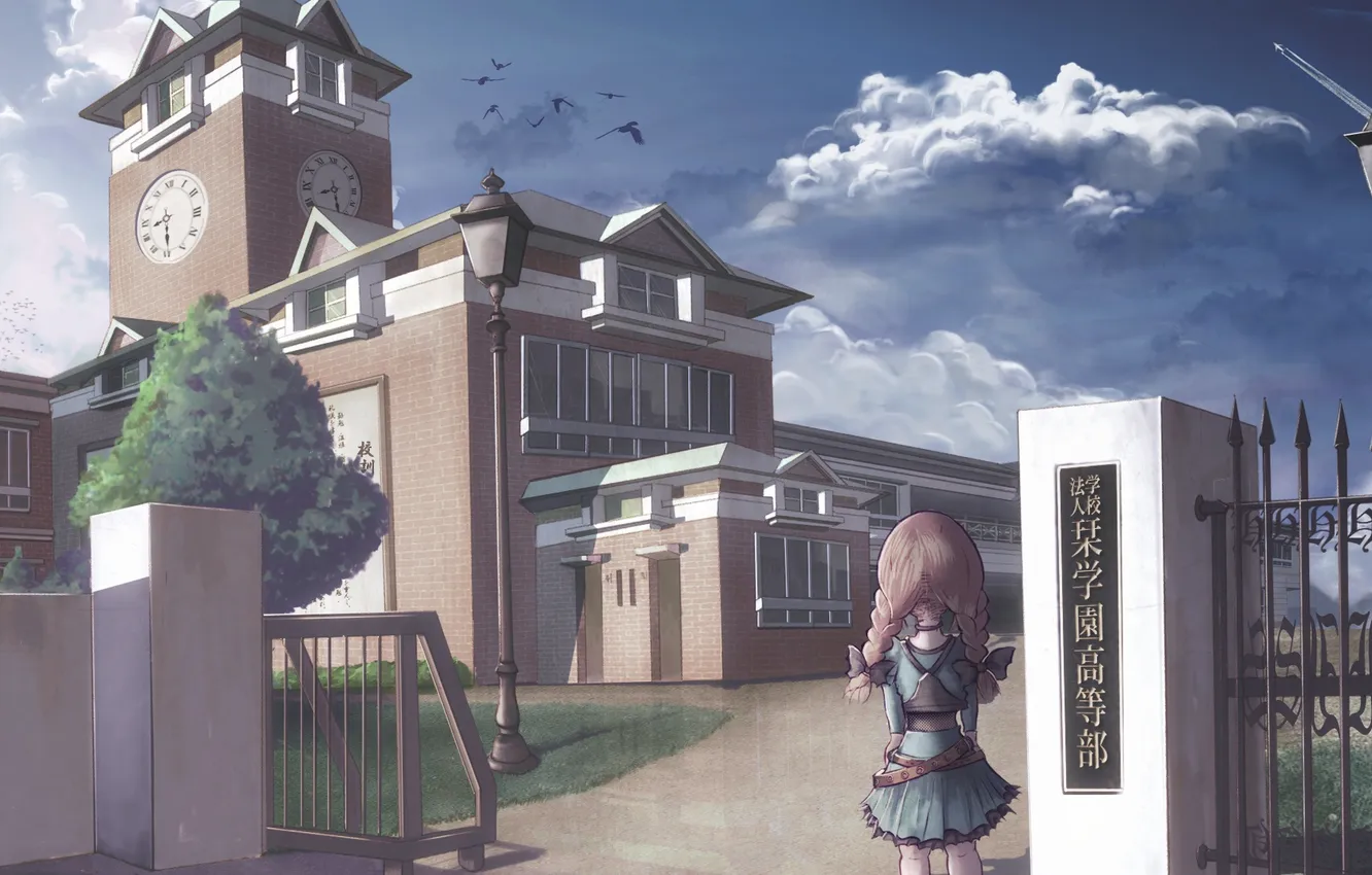 Фото обои часы, девочка, Здание, косички, школа