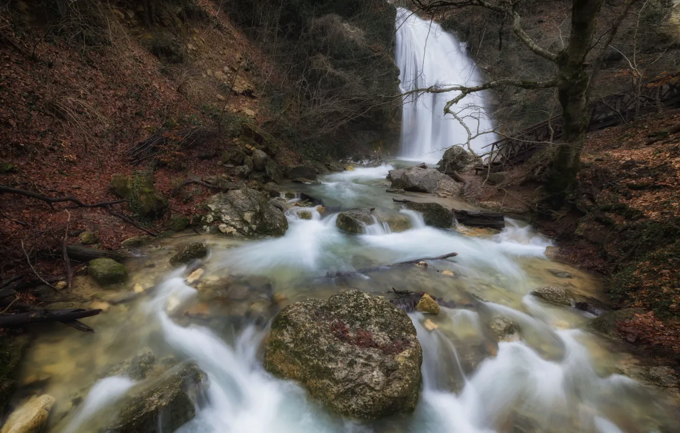 Фото обои зима, природа, камни, водопад, Крым