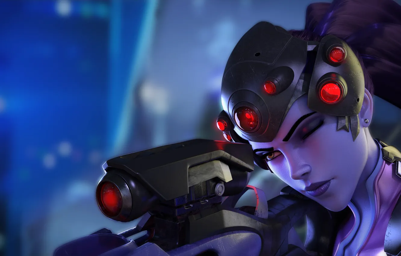 Фото обои будущее, шлем, снайпер, датчики, на позиции, Blizzard Entertainment, Overwatch, красивая женщина