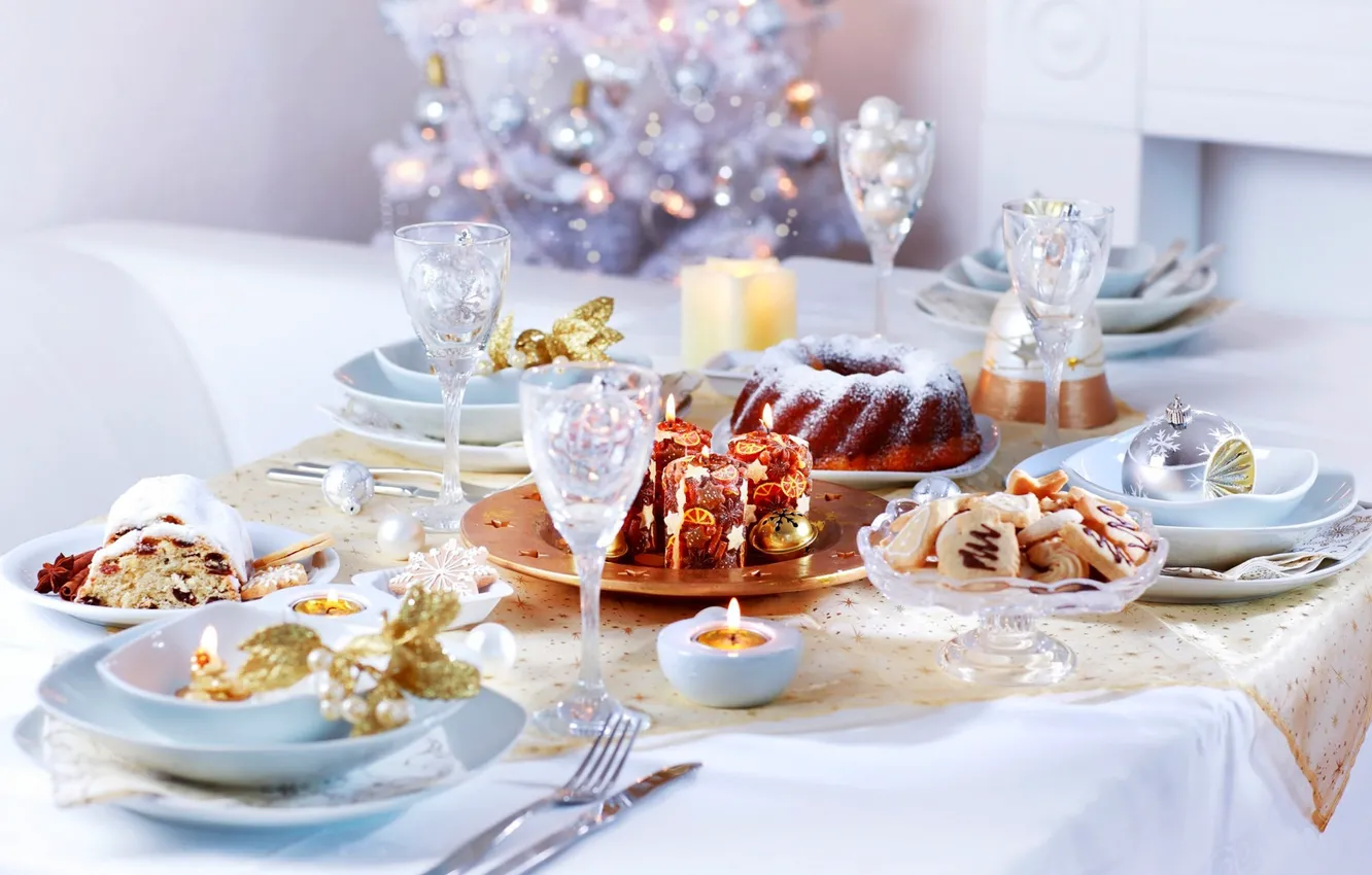 Фото обои украшения, праздник, свечи, печенье, Рождество, чашка, торт, Новый год