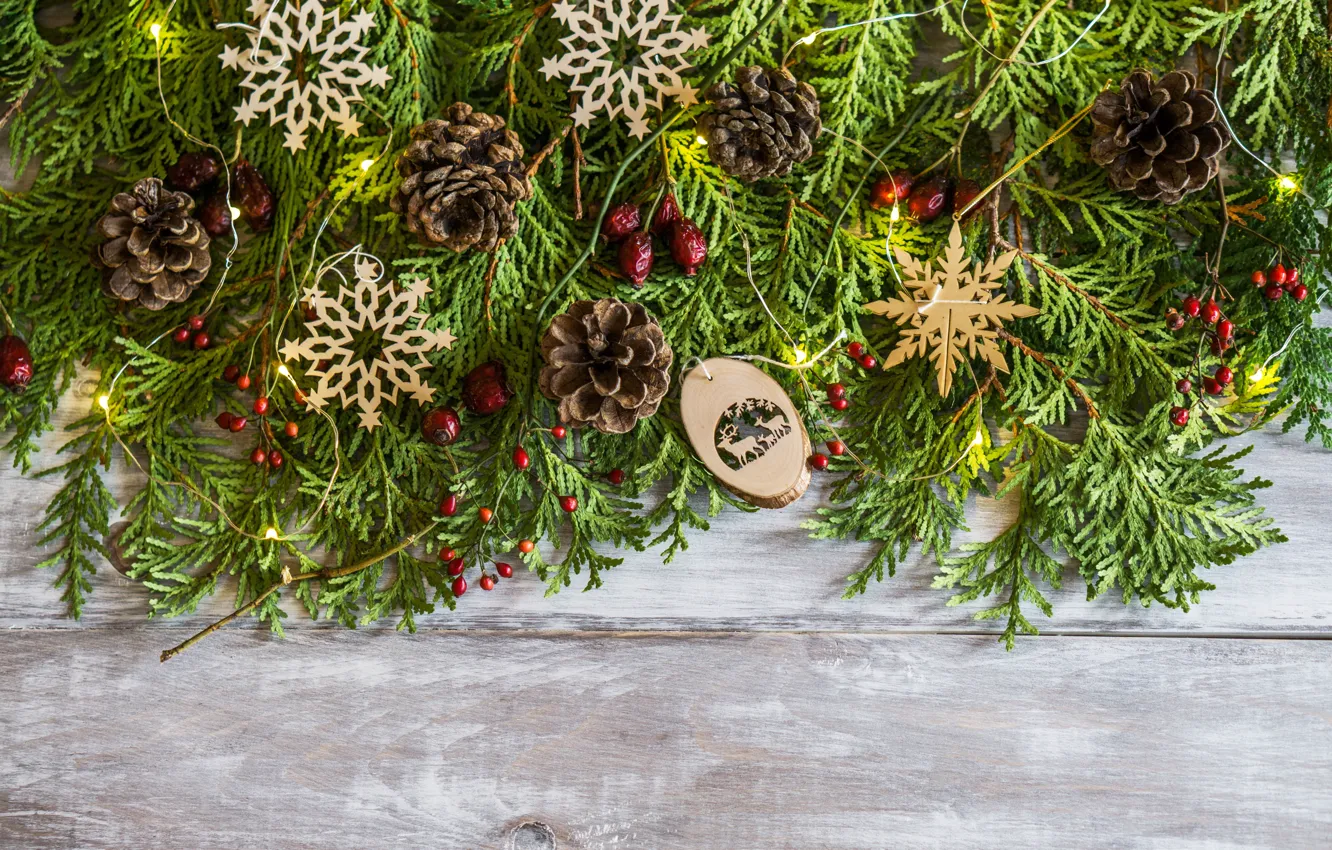 Фото обои украшения, елка, Новый Год, Рождество, happy, Christmas, шишки, New Year