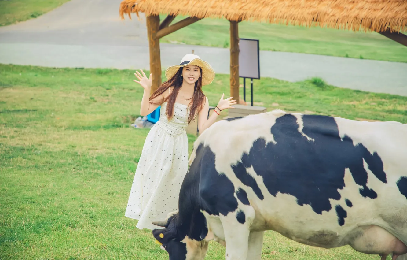 Фото обои Grass, Beautiful, Asian, Model, Smile, Woman, Road, Hat