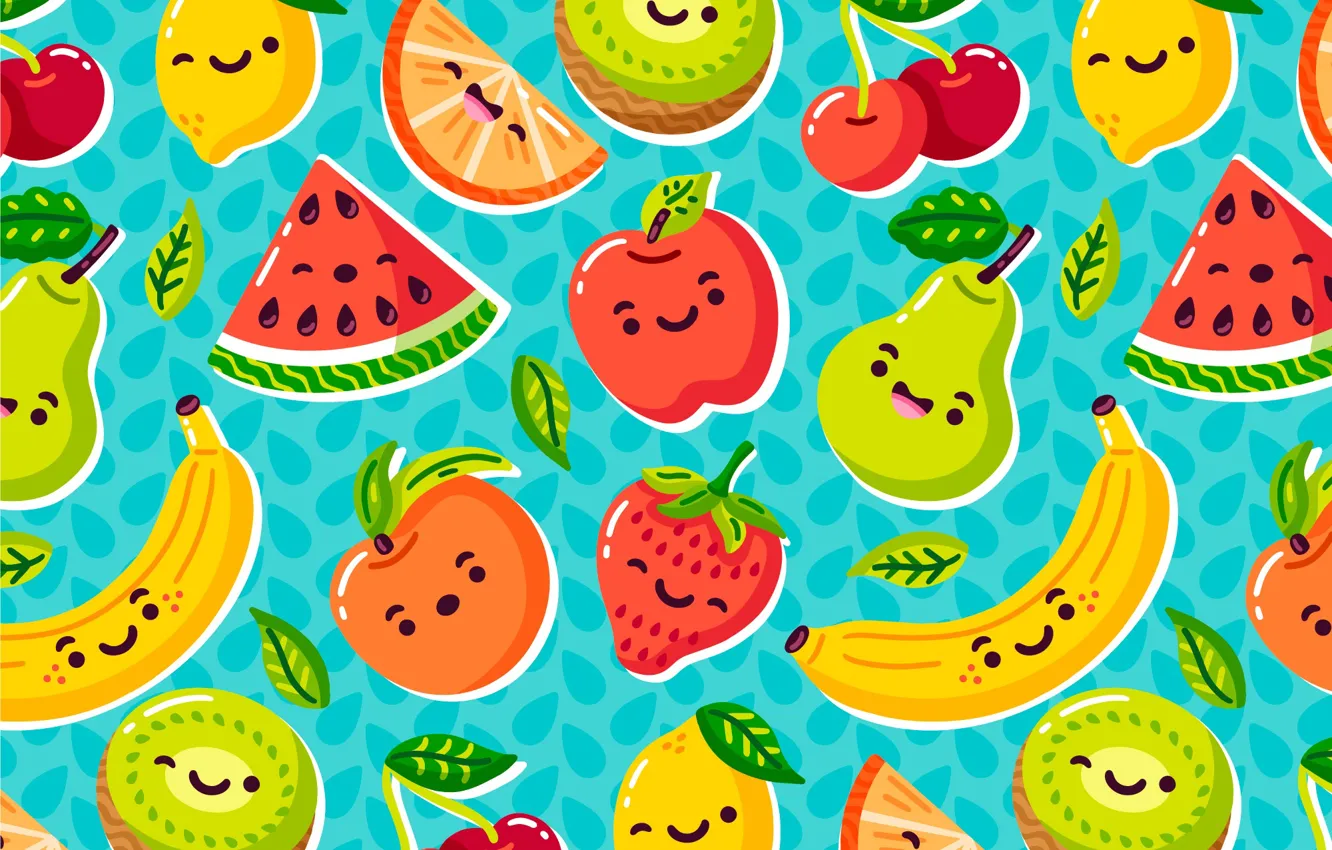 Фото обои листья, вишня, улыбка, ягоды, лимон, яблоки, текстура, арбуз