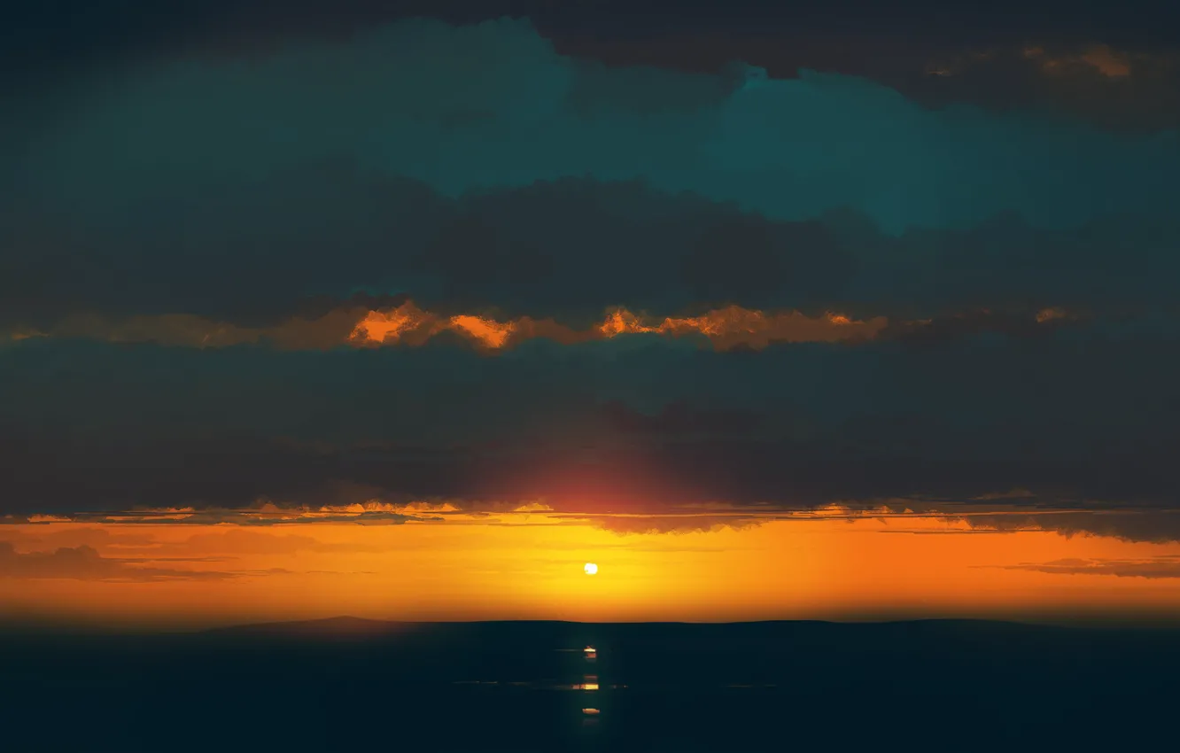 Фото обои море, небо, облака, рисунок, солнце - sun, gracile @gracile_jp