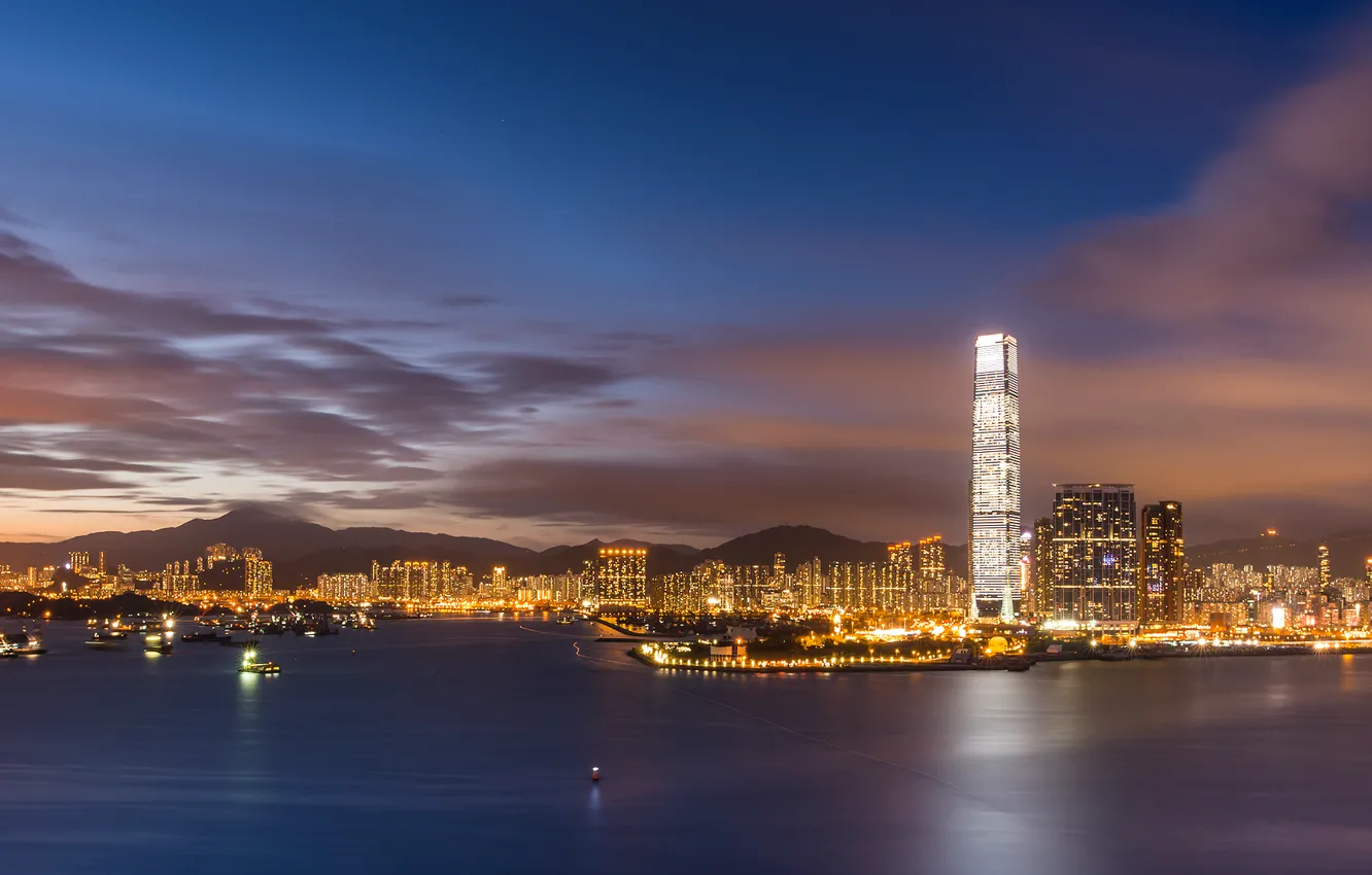 Фото обои небо, облака, закат, огни, China, Гонконг, небоскребы, вечер