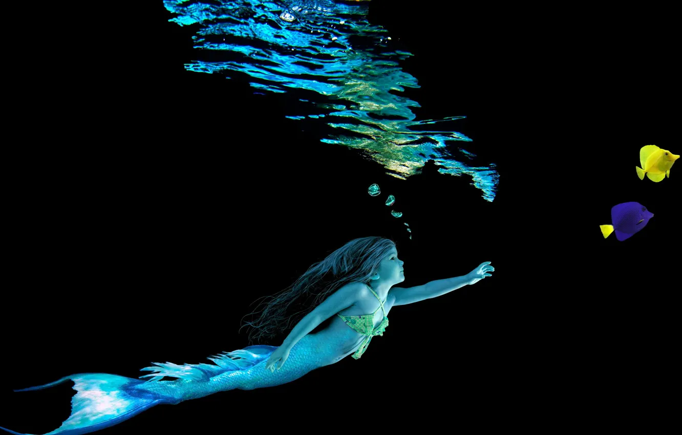 Фото обои yellow, blue, water, fish, mermaid, little girl