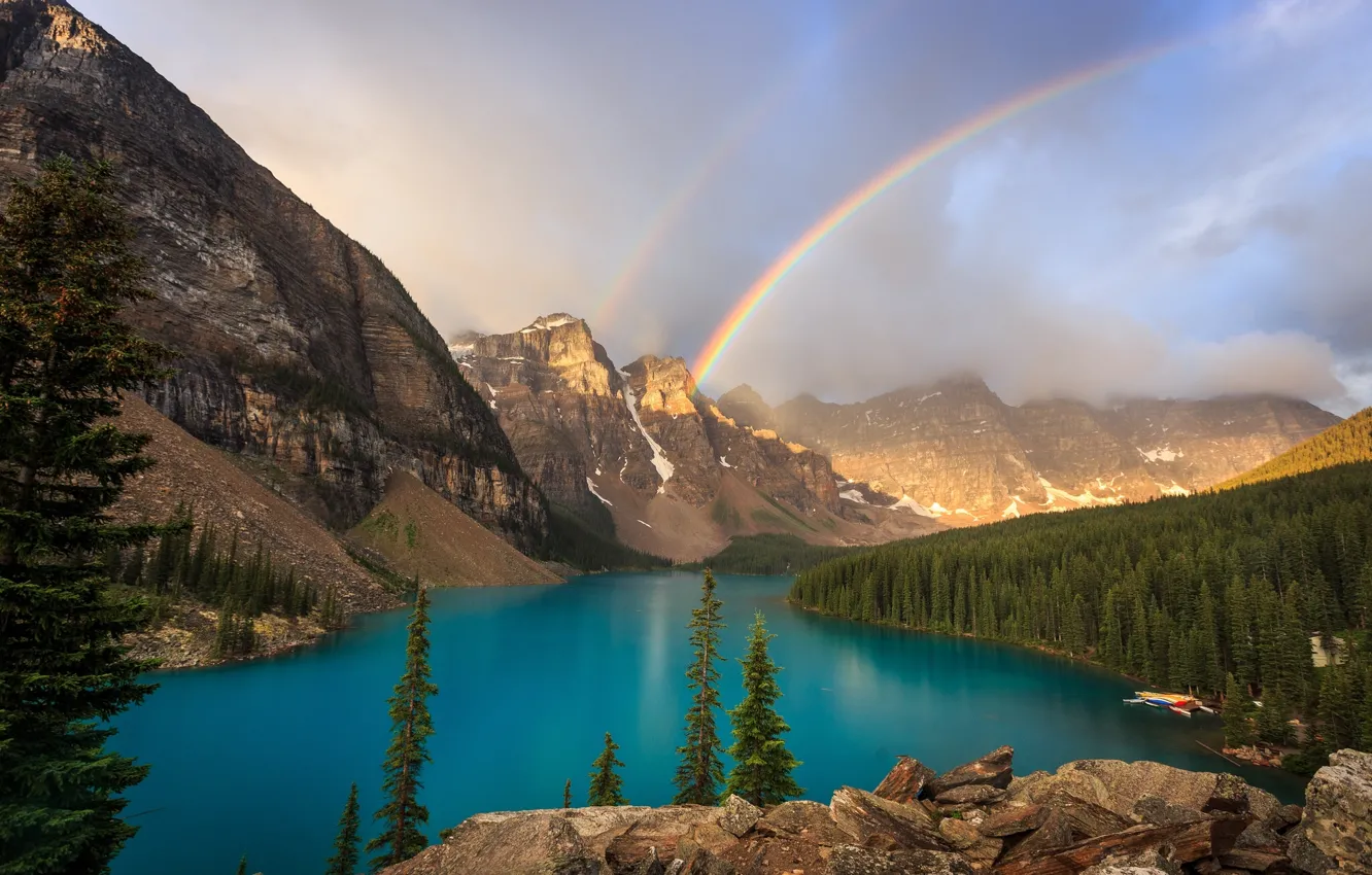 Фото обои лес, горы, озеро, радуга, Канада, Banff National Park, Alberta, Canada