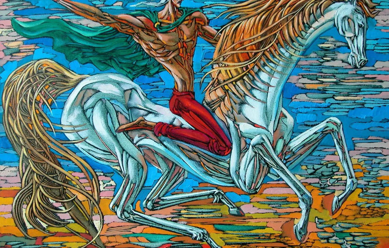 Фото обои качок, Всадник, 2008г, Айбек Бегалин, на скоку, голубая лошадь, джигит