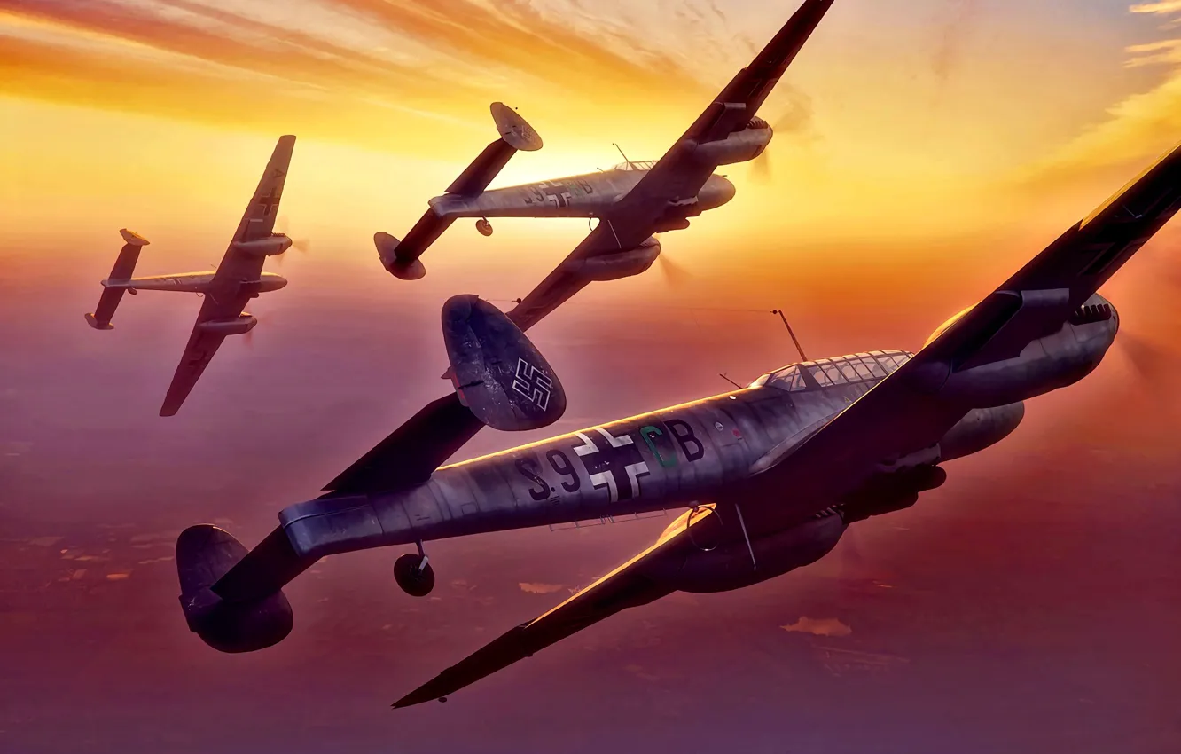 Фото обои Германия, Messerschmitt, истребитель-бомбардировщик, artwork, люфтваффе, Bf.110, Zerstörer, WWII