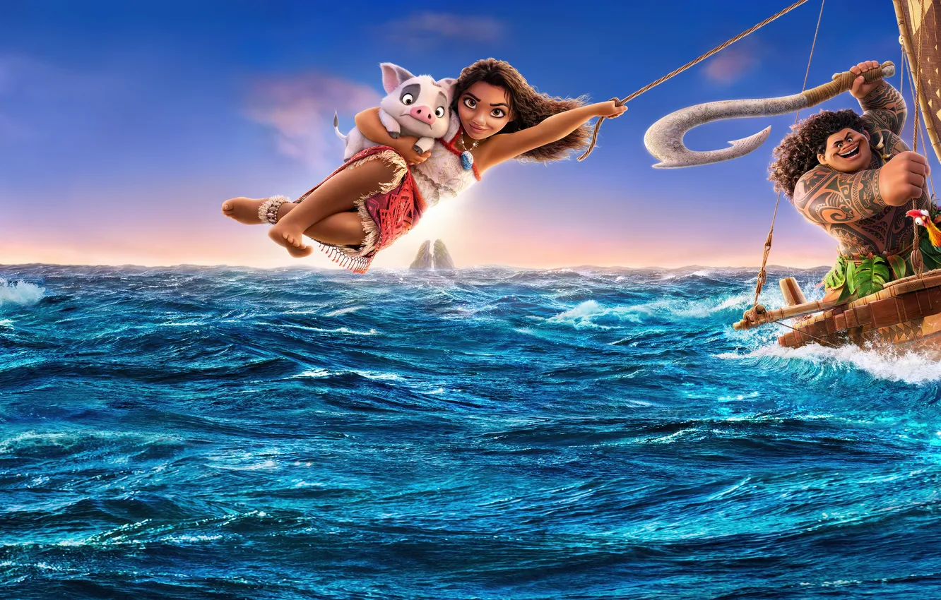 Фото обои море, лодка, мультфильм, Мауи, абориген, Maui, Moana, Моана