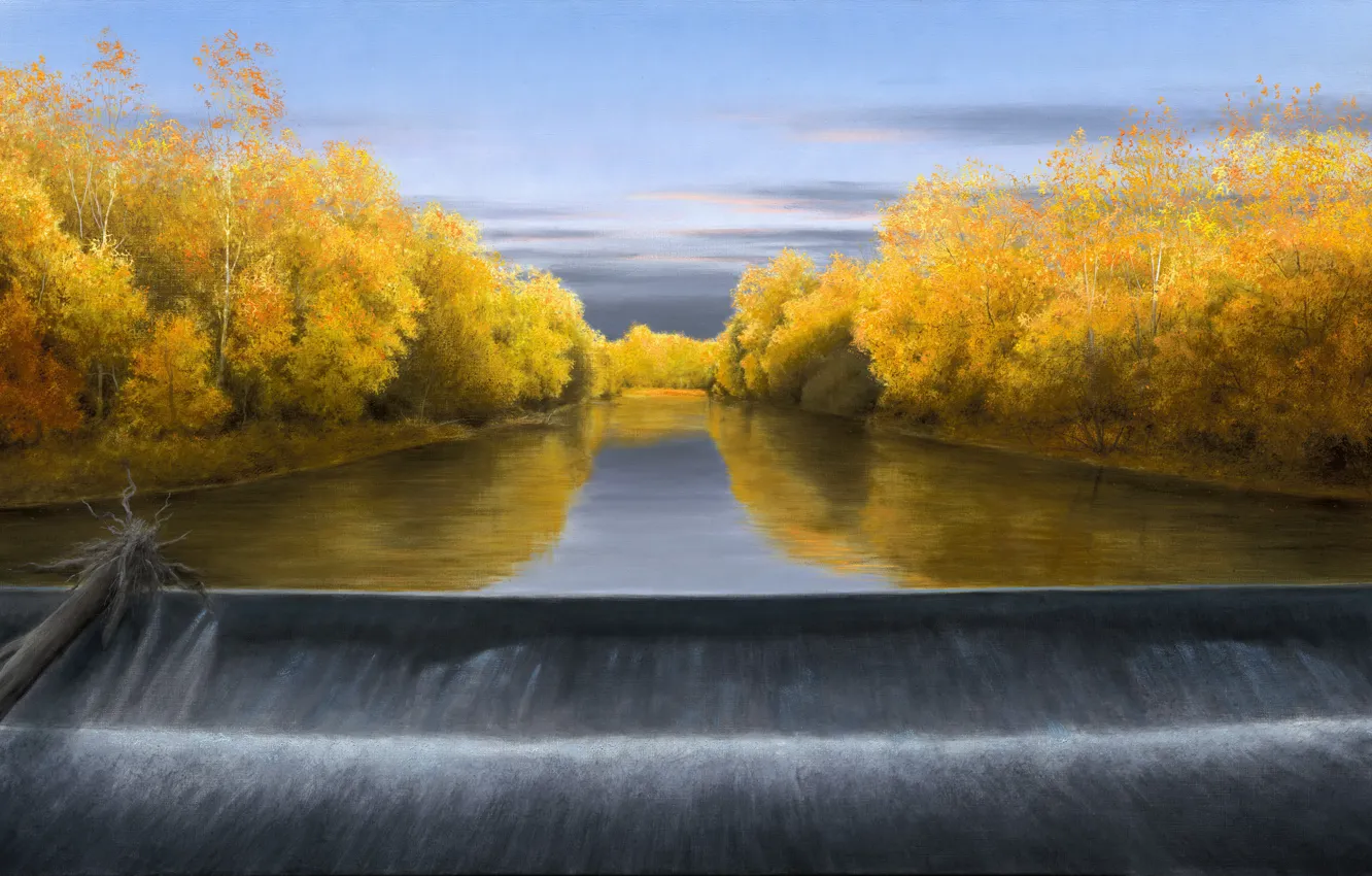 Фото обои осень, небо, водопад, бревно, жёлтые листья, Волков Александр, October Evening