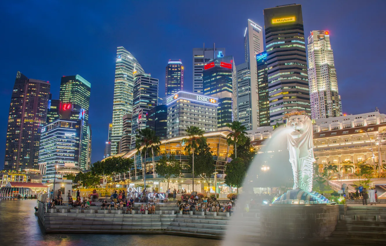 Фото обои ночь, огни, люди, дома, Сингапур, ступени, фонтан, Marina Bay