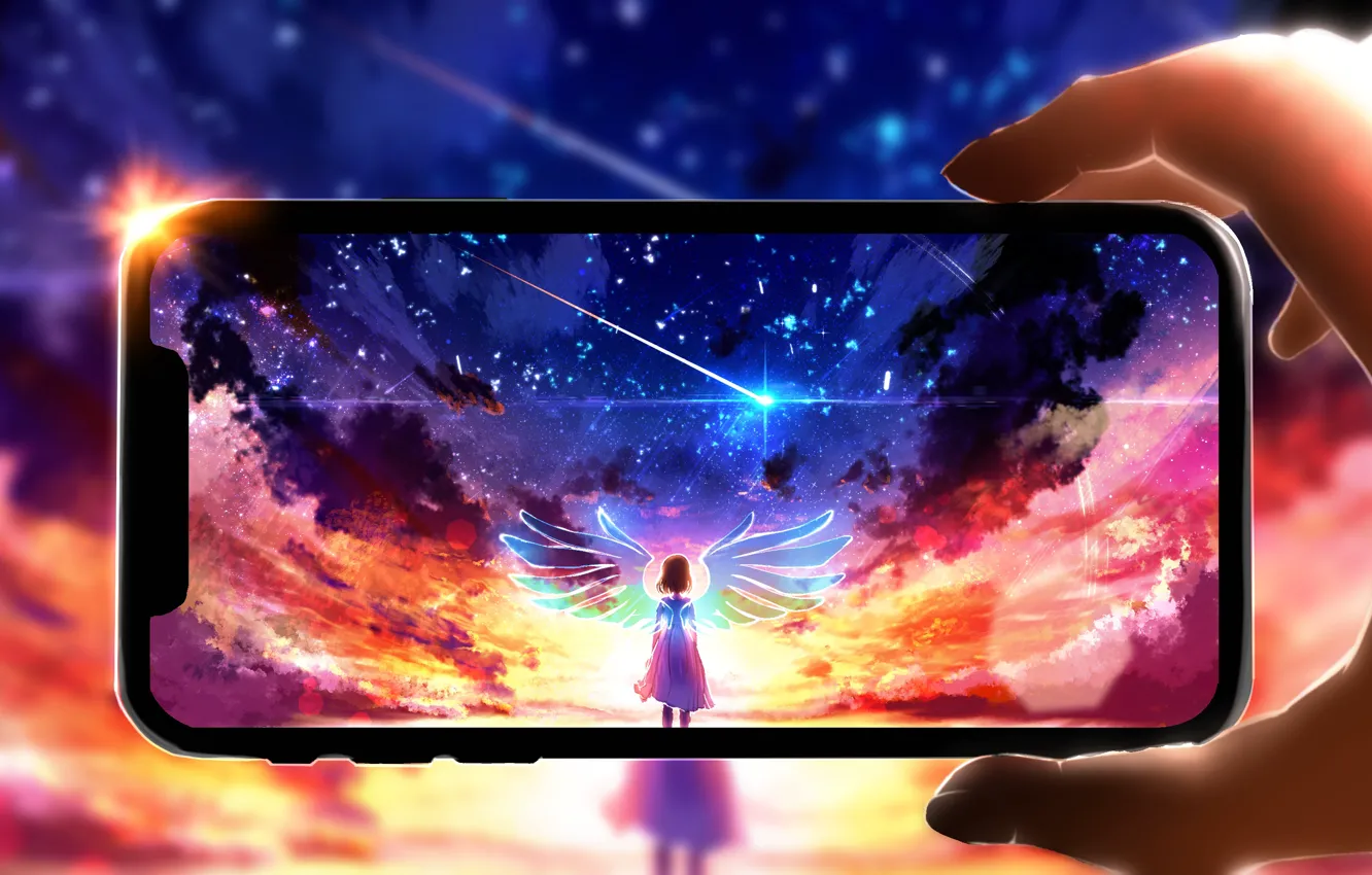 Фото обои девушка, закат, iPhone, фея, Wings, Smartphone