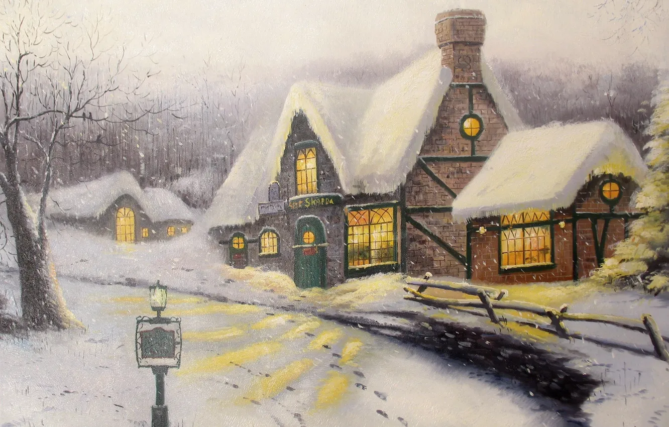 Фото обои зима, снег, картина, живопись, коттедж, Thomas Kinkade, Olde Porterfield Gift Shoppe