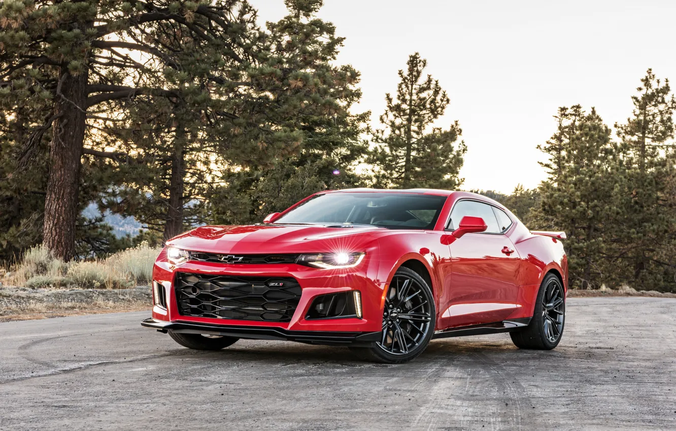 Фото обои Красный, Chevrolet, Camaro, Автомобиль, ZL1, 2017, Металлик