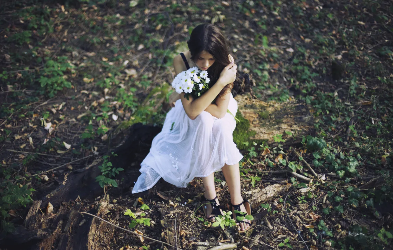 Фото обои лес, девушка, цветы