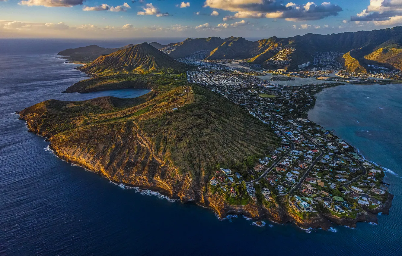 Фото обои море, горы, вид, поселение