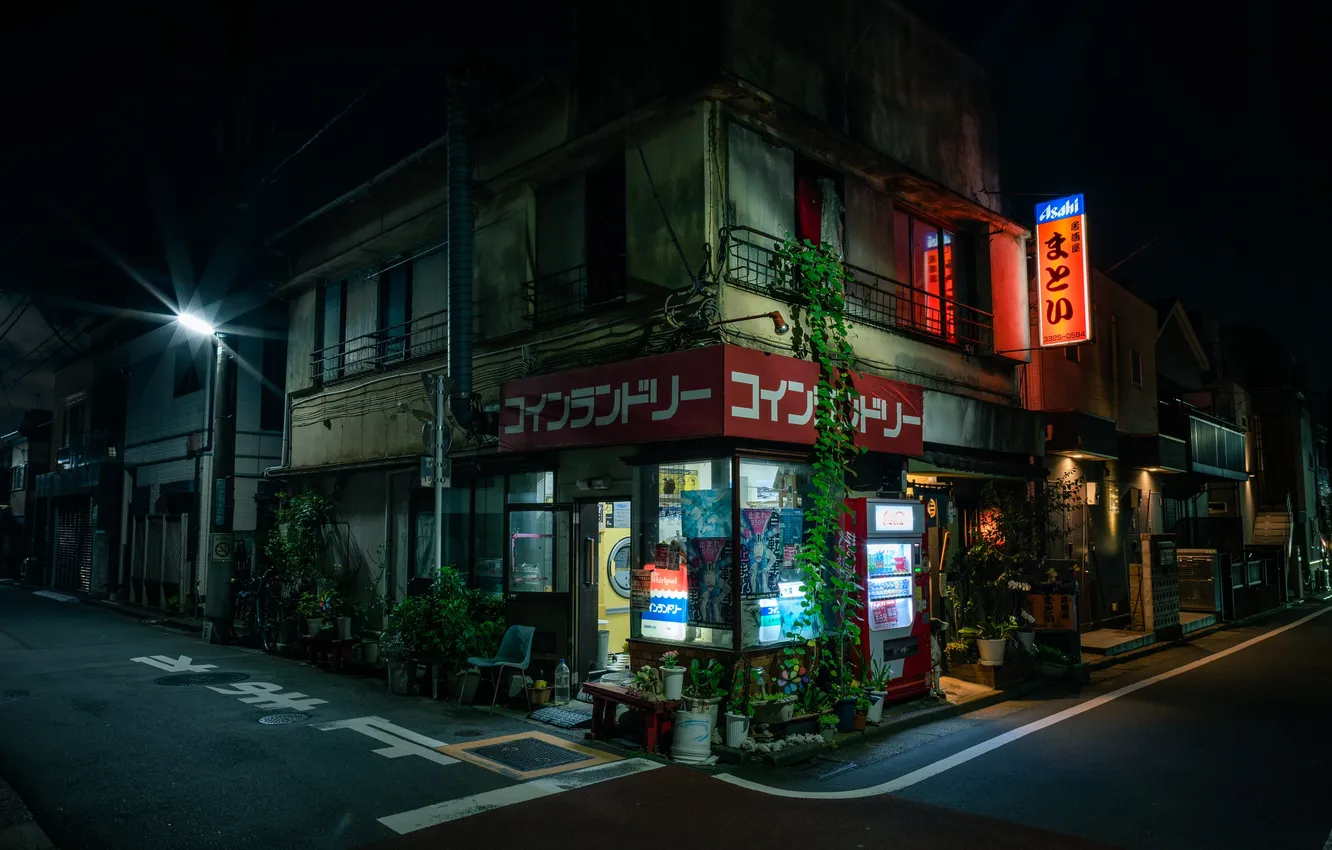 Фото обои city, Japan, night, street, store front, katakana