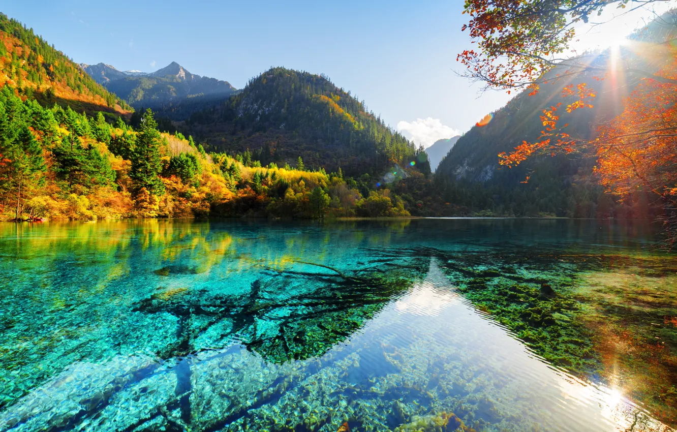 Фото обои осень, лес, небо, солнце, деревья, горы, озеро, скалы