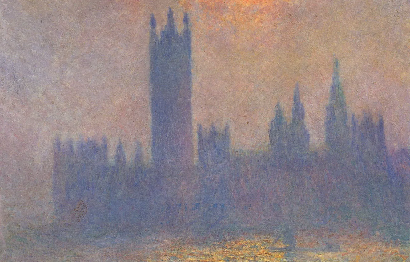 Фото обои картина, городской пейзаж, Клод Моне, Здание Парламента. Влияние Солнечного Света в Тумане