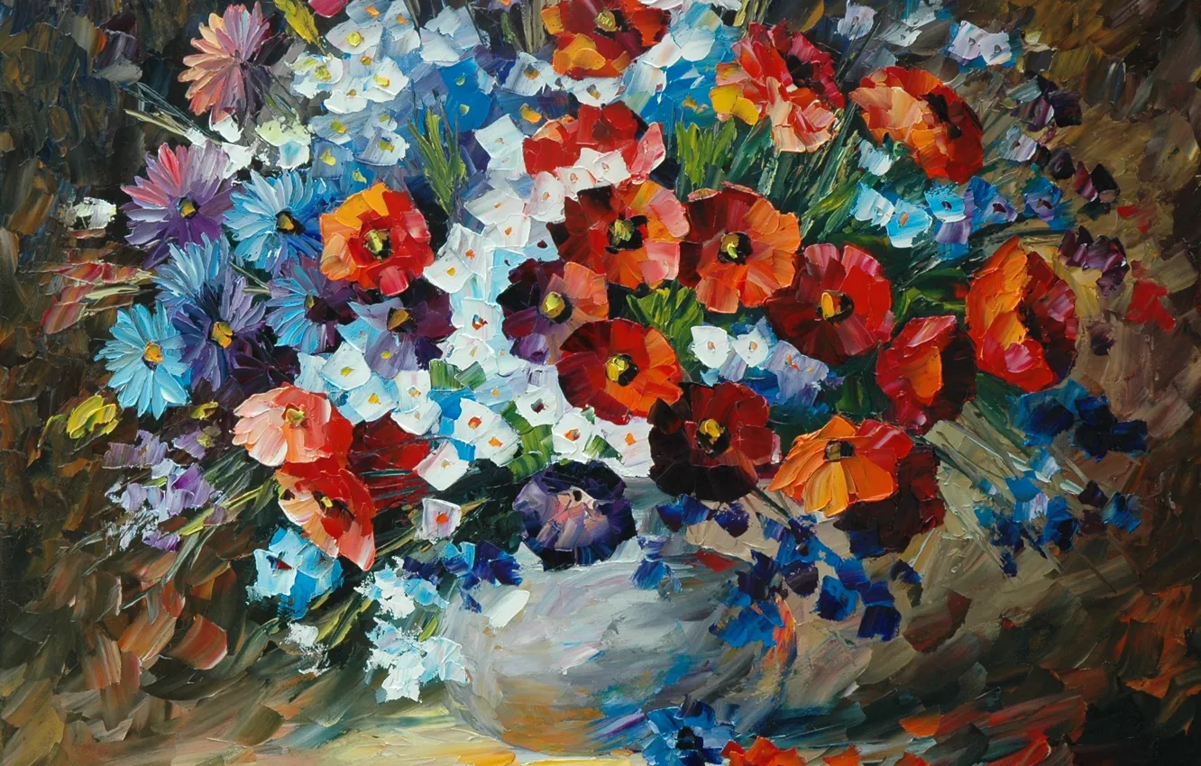 Фото обои цветы, букет, лепестки, картины, ваза, живопись, Leonid Afremov