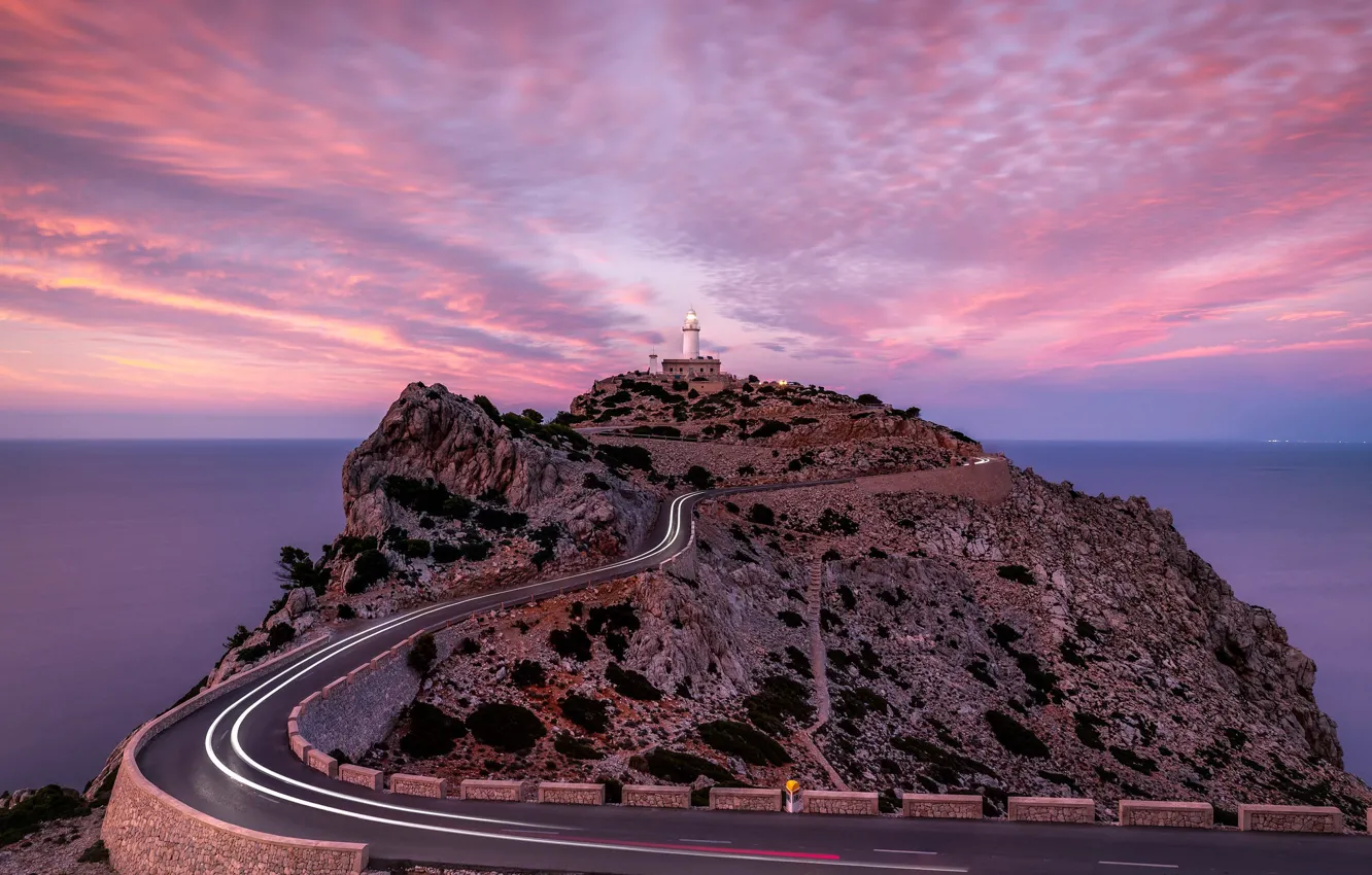 Фото обои Sunset, Spain, Lighthouse, Mallorca, Light Trails