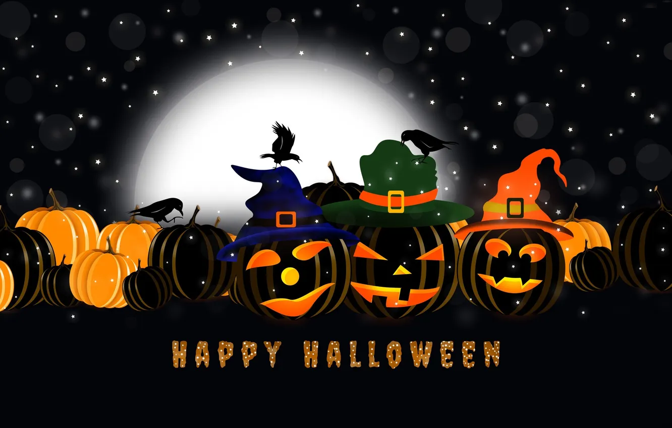Фото обои птицы, ночь, праздник, луна, тыквы, Halloween, Хеллоуин, тыковки