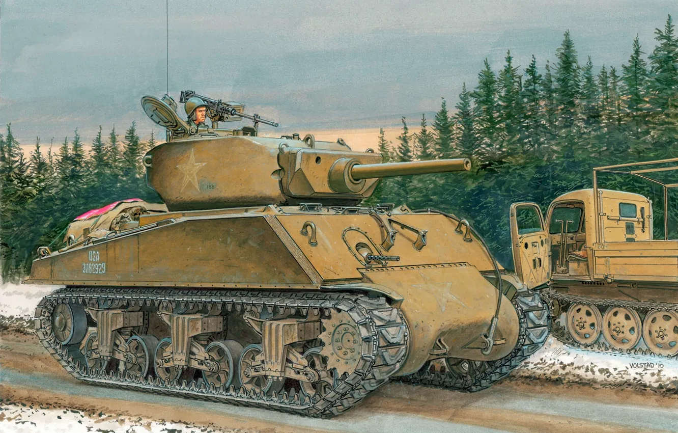 Фото обои рисунок, США, вторая мировая, Шерман, средний танк, Ron Volstad, Jumbo, Sherman