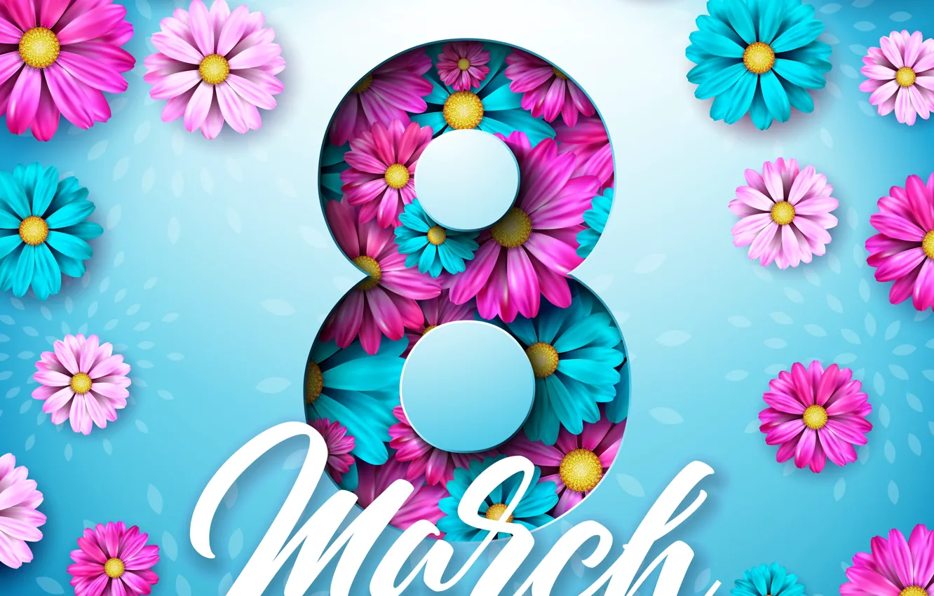 Фото обои цветы, happy, 8 марта, blue, pink, flowers, открытка, spring
