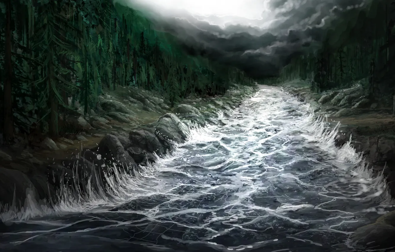Фото обои волны, лес, деревья, тучи, река, поток, арт, речка