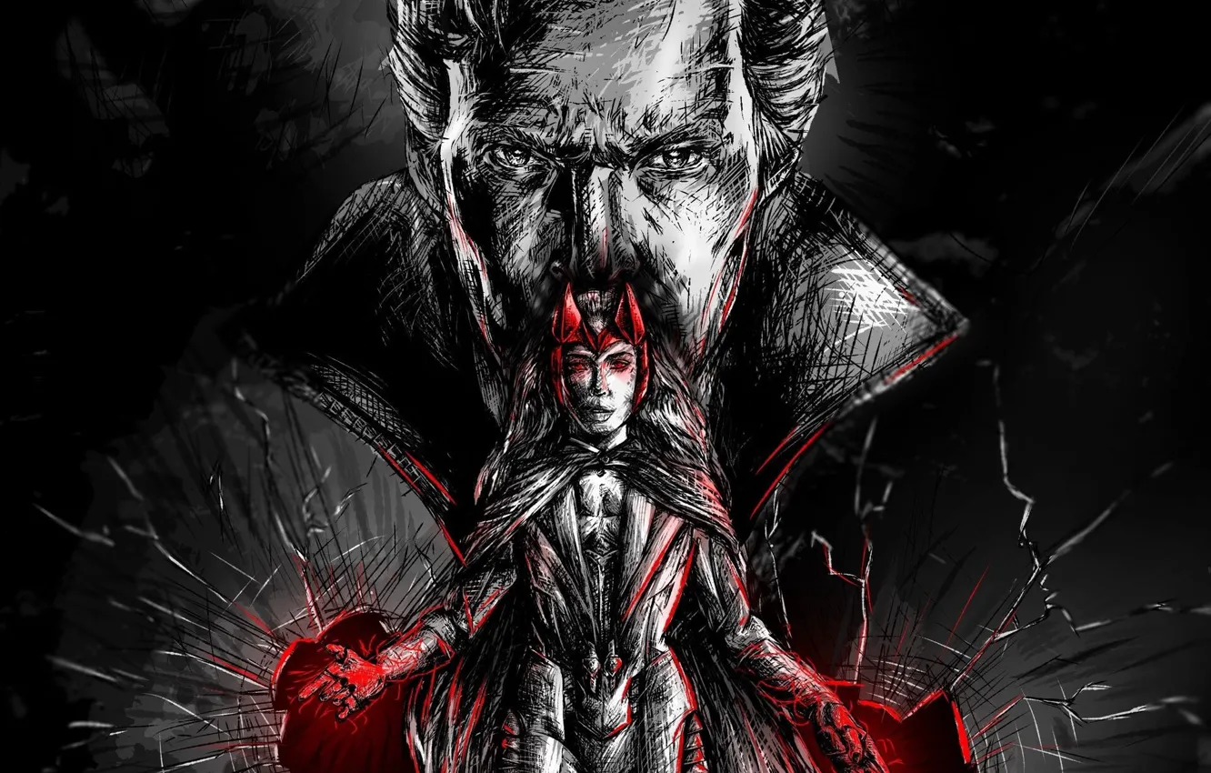 Фото обои Двое, Мужчина, Маг, Бенедикт Камбербэтч, Benedict Cumberbatch, Scarlet Witch, Алая Ведьма, Elizabeth Olsen