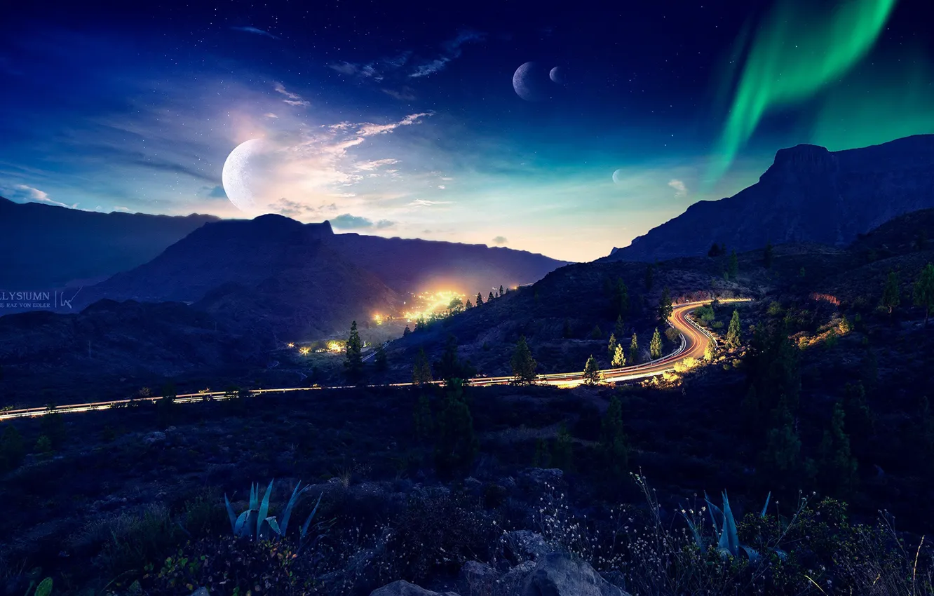 Фото обои дорога, ночь, ландшафт