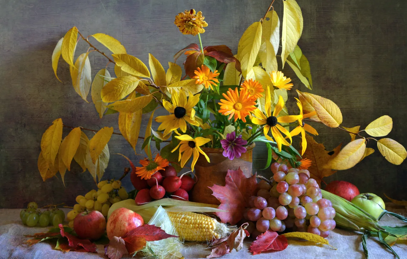 Фото обои листья, цветы, яблоки, кукуруза, виноград, фрукты, календула, редис