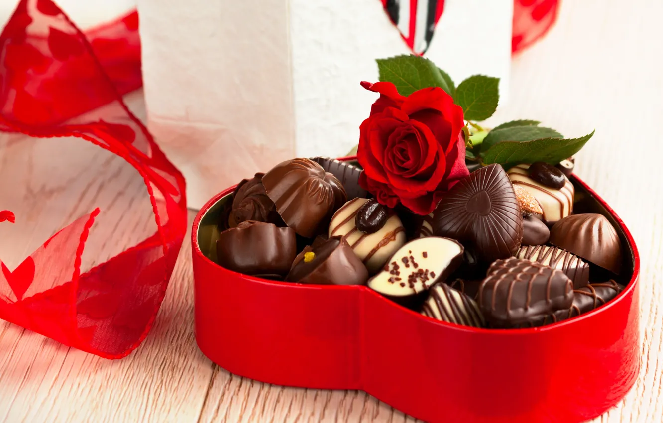 Фото обои шоколад, розы, конфеты, love, rose, heart, romantic, Valentine's Day